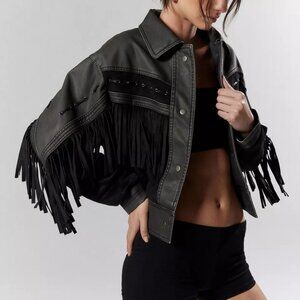 URBAN OUTFITTERS Silence + Noise Hannah Western Fringe Faux Leather Jacket